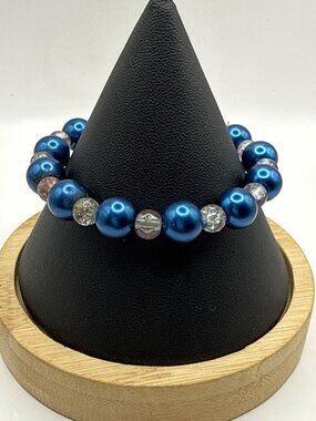 Blue Pearl & Crystal Rondelle Stretch Bracelet Royal Blue